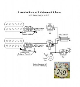 Wiring two humbuckers with two volumes and One Tone - Route 249